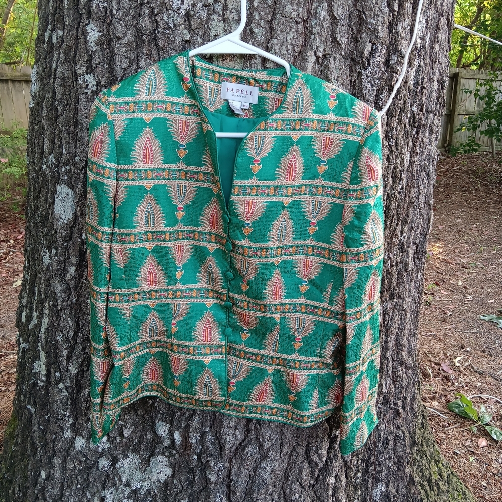 Papell Petites Silk Green Patterned Vintage Blazer 10P